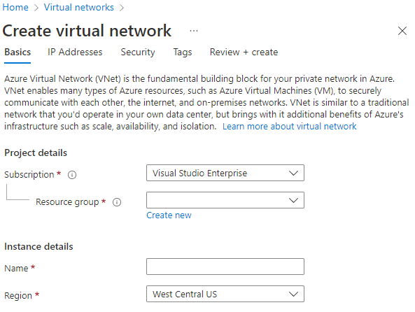 Skærmbillede, der viser, hvordan du opretter et virtuelt netværk på Azure Portal.