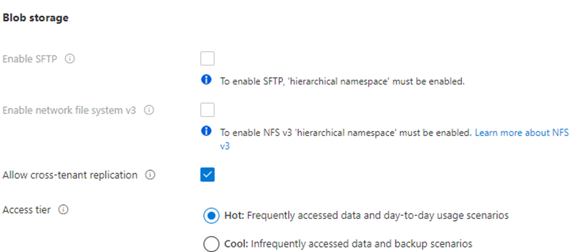 Screenshot of storage blob settings showing hot and cool access tiers.