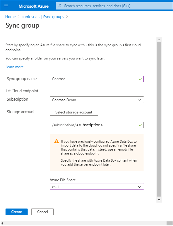 Et skærmbillede af siden Synkroniser gruppe på Azure Portal. Navnet på gruppen Synkroniser er ContosoSyncGrp1, og både værdierne for lagerkontoen og Azure File Share er konfigureret.