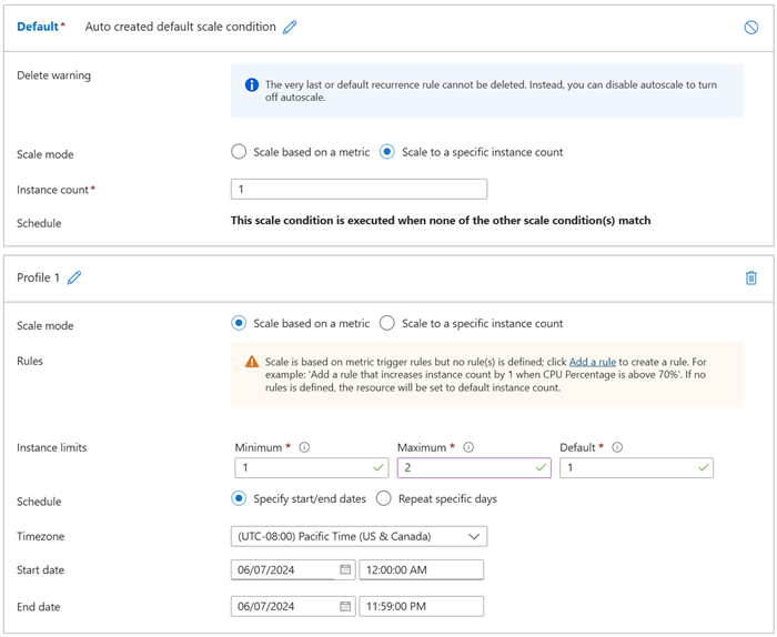 Betingelsessiden for en App Service-plan, der viser standardskaleringsbetingelsen.