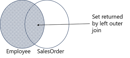 A Venn diagram showing the outer join results of the Employee and SalesOrder sets