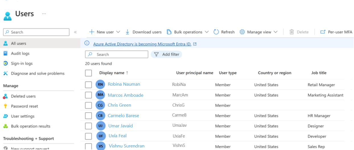 Screenshot of the All Users page of Microsoft Entra ID.  See users and information about them.