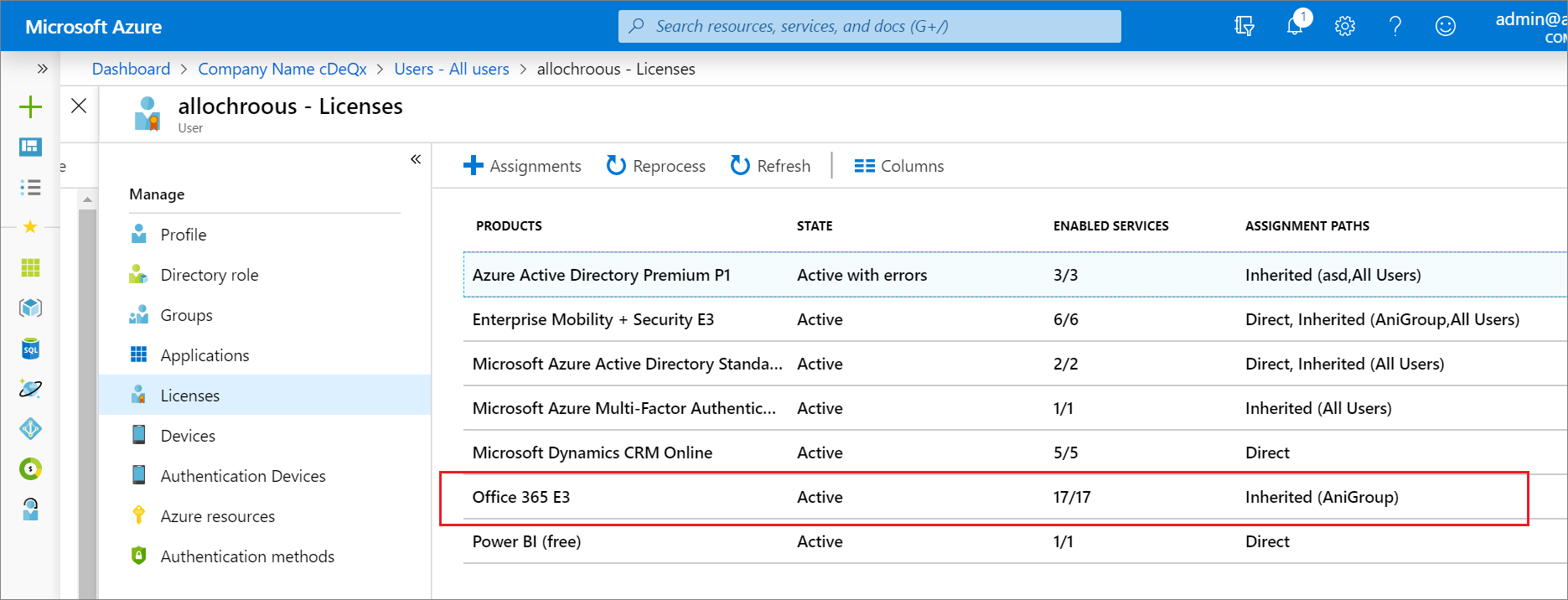 Screenshot of the Licenses page in Microsoft Entra ID after the migration is completed.