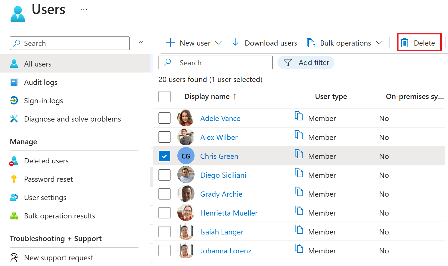 Screenshot of Microsoft Entra ID all users' list with one user check box selected.