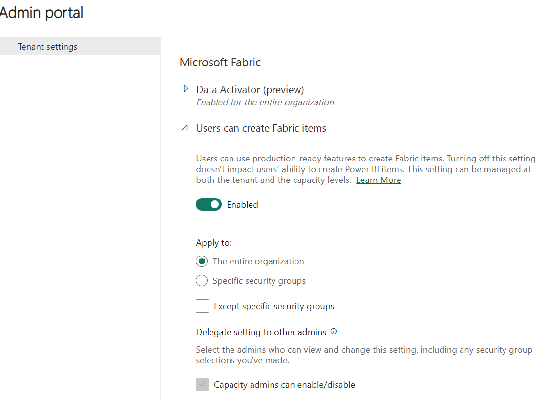 Screenshot of Tenant settings in admin portal.