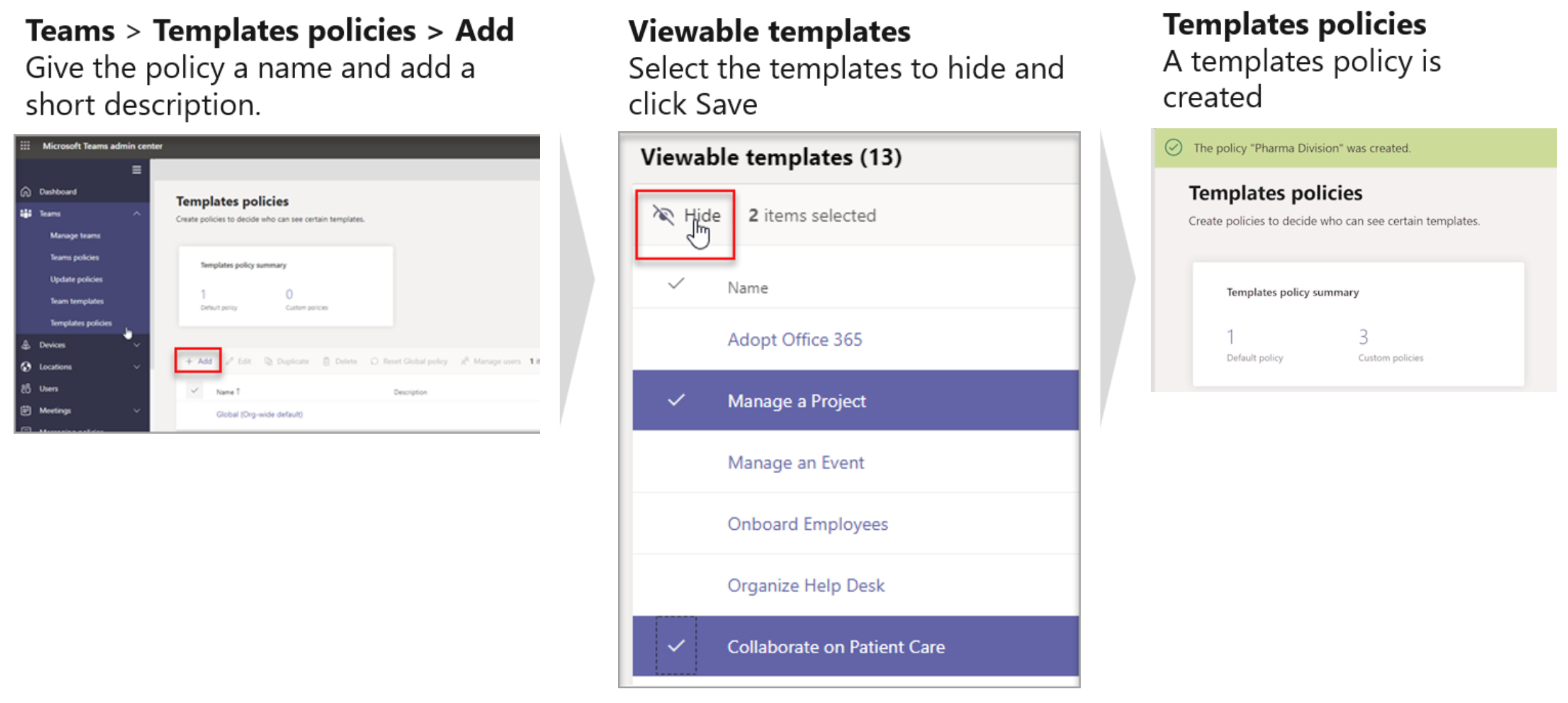 Screenshot of creating templates policy.