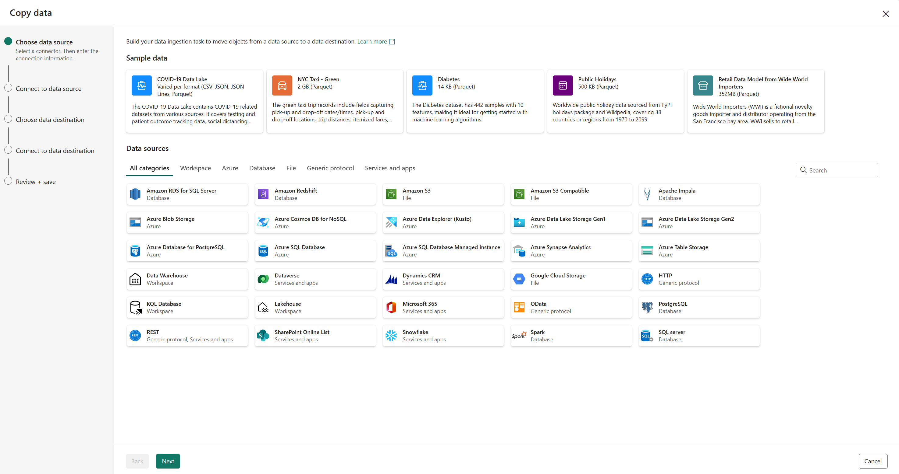 Screenshot of the Copy Data tool in Microsoft Fabric.