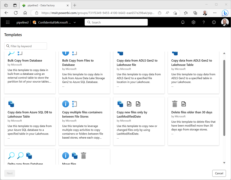 Screenshot of pipeline templates.