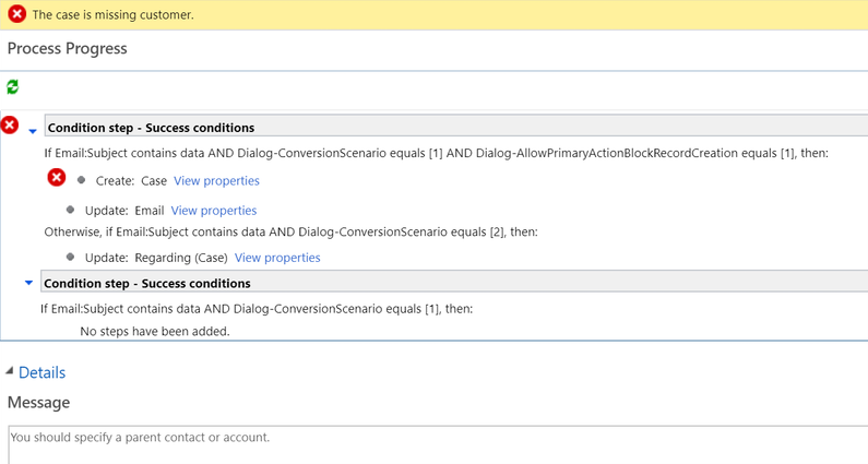 Screenshot that shows the details of the error that states the case is missing customer.