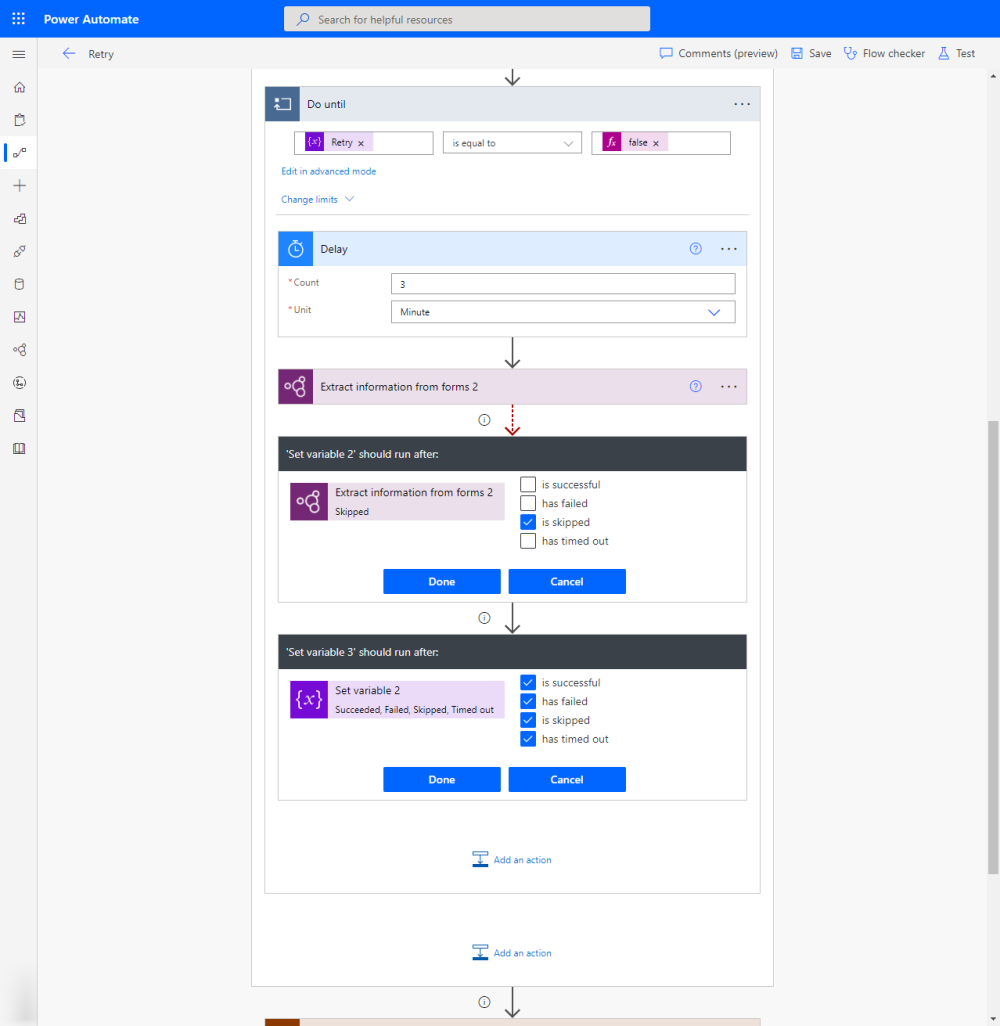 Screenshot of retry logic in a Power Automate cloud flow example 3.