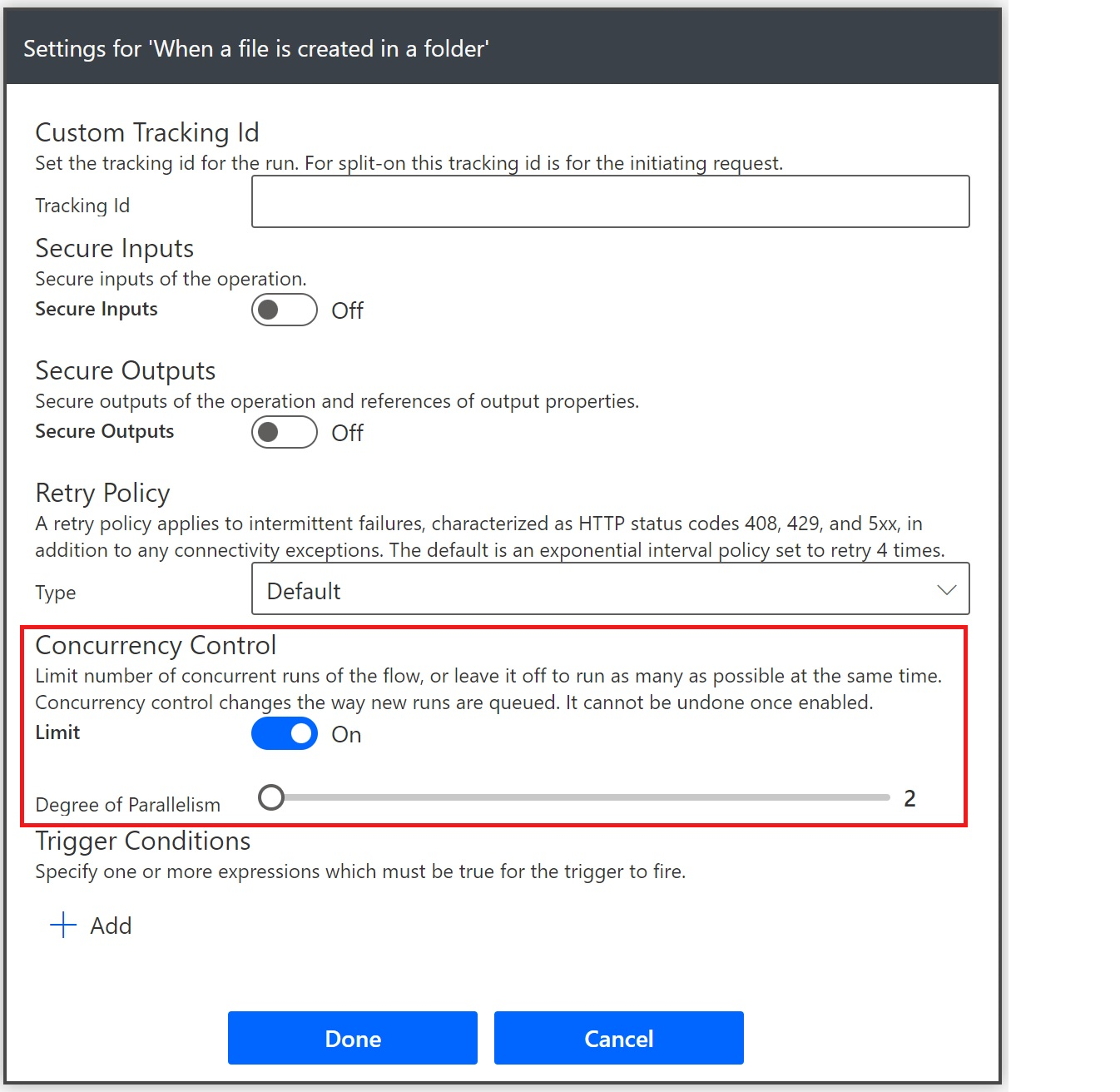 Step 2 of reducing the degree of parallelism in the action settings.