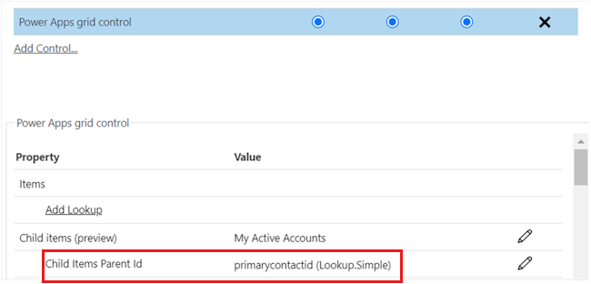 Screenshot that shows the Child Items Parent ID parameter in Power Apps grid control.