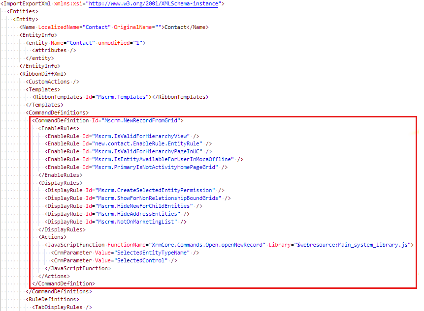 Screenshot shows the location of the example CommandDefinition node.