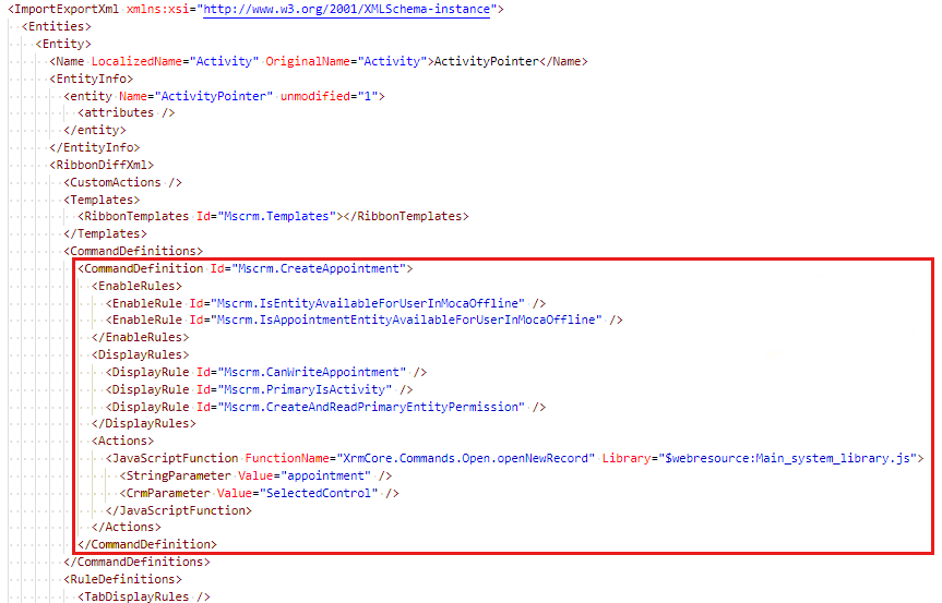 Screenshot shows the location of the example CommandDefinition node.