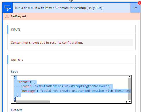 Screenshot of the error code shown in the Body section of the Run a flow built with Power Automate for desktop page.