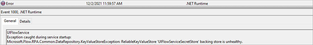 Screenshot that shows the UIFlowServiceSecretStore backing store is unhealthy error.