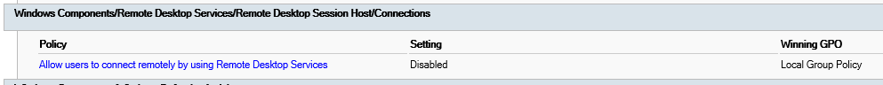 Screenshot of an example segment of gpresult.html in which Local Group Policy is disabling RDP.