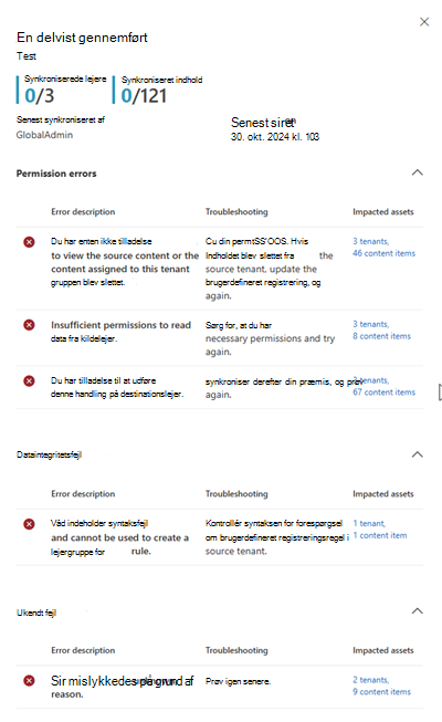 Skærmbillede af sideruden med synkroniseringsresultater.