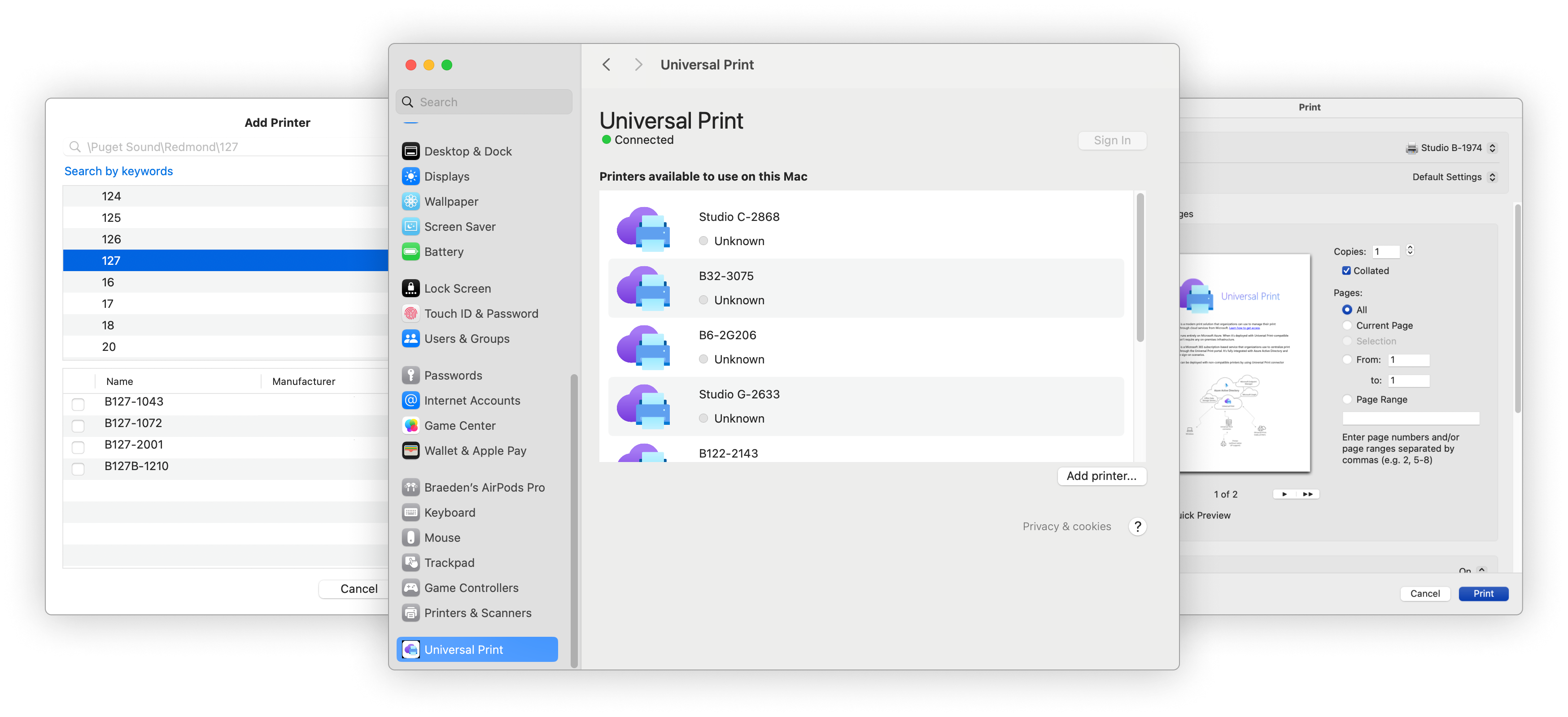 Collage of Universal Print screenshots on macOS