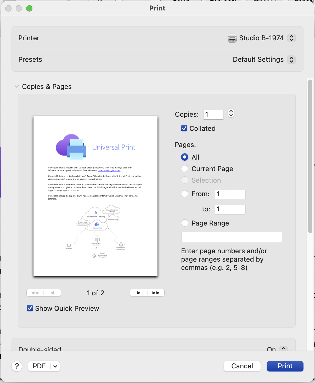 Screenshot of the macOS system print dialog with a Universal Print printer selected