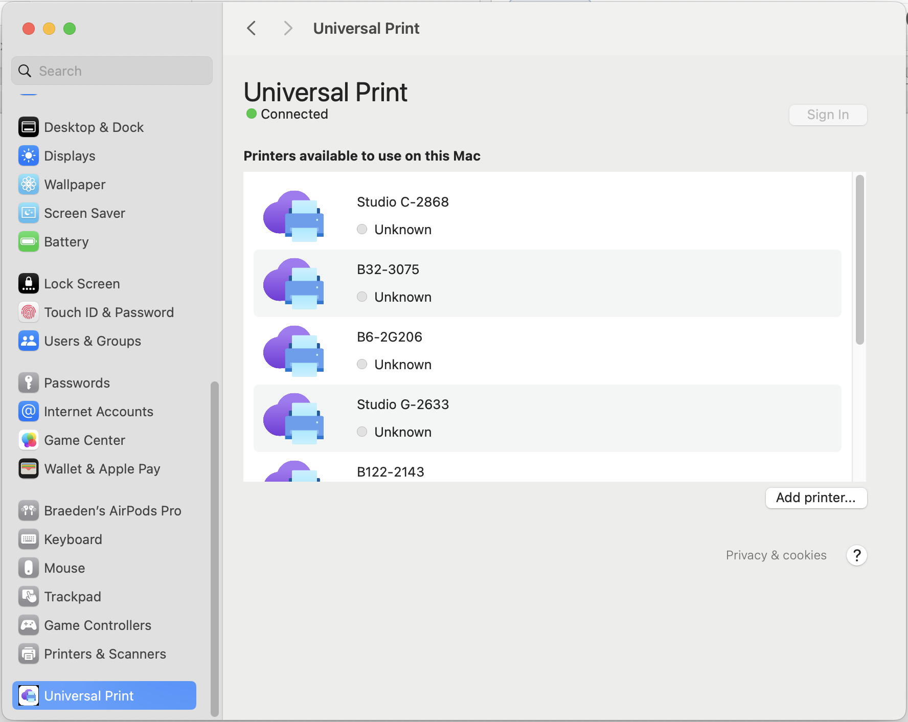 Screenshot of the Universal Print settings page showing a list of installed printers