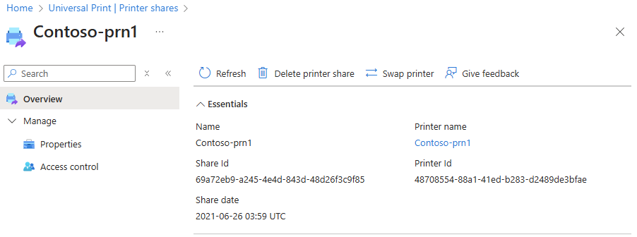 A screenshot showing how to delete a single printer share using the Universal Print portal.