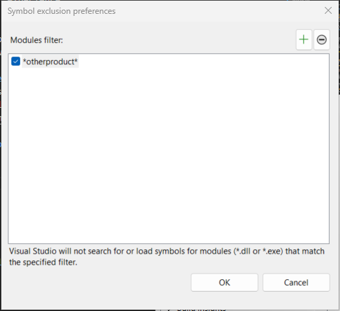 Screenshot of specifying excluded modules.