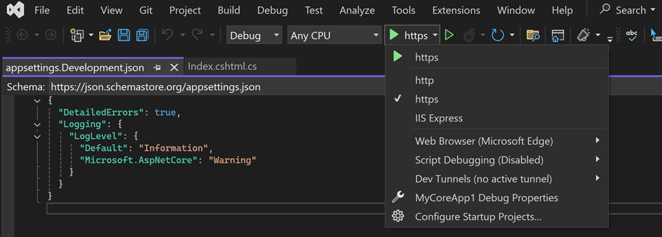 Screenshot shows the https button highlighted in the toolbar in Visual Studio.