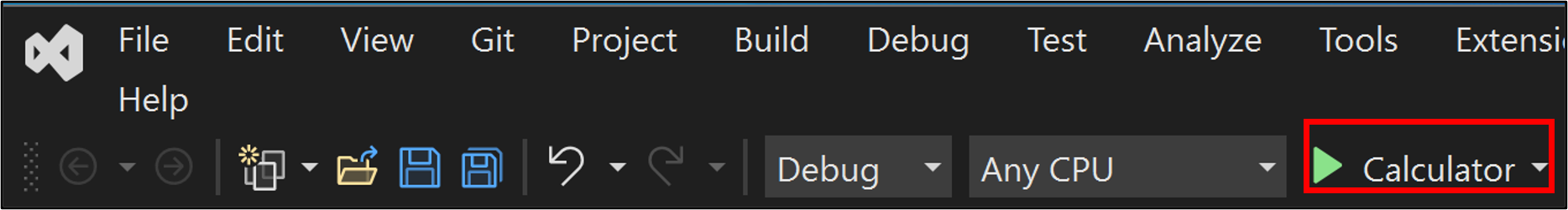 Screenshot that shows selecting the Calculator button to run the app from the Debug toolbar.