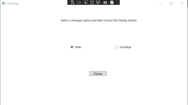 Screenshot of the Greetings window with the TextBlock, RadioButtons, and Button controls visible and 'Hello' selected.