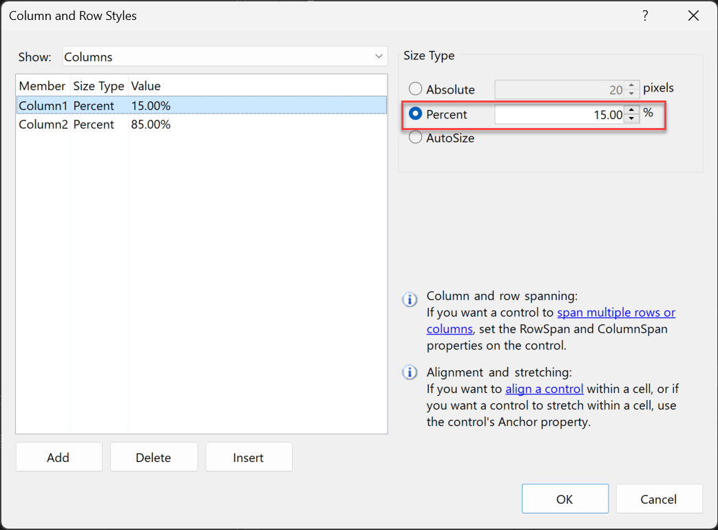 Screenshot shows TableLayoutPanel column and row styles.