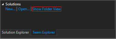 Screenshot of the Solutions section of Team Explorer in Visual Studio 2019 version 16.7 and earlier, after clone is complete.