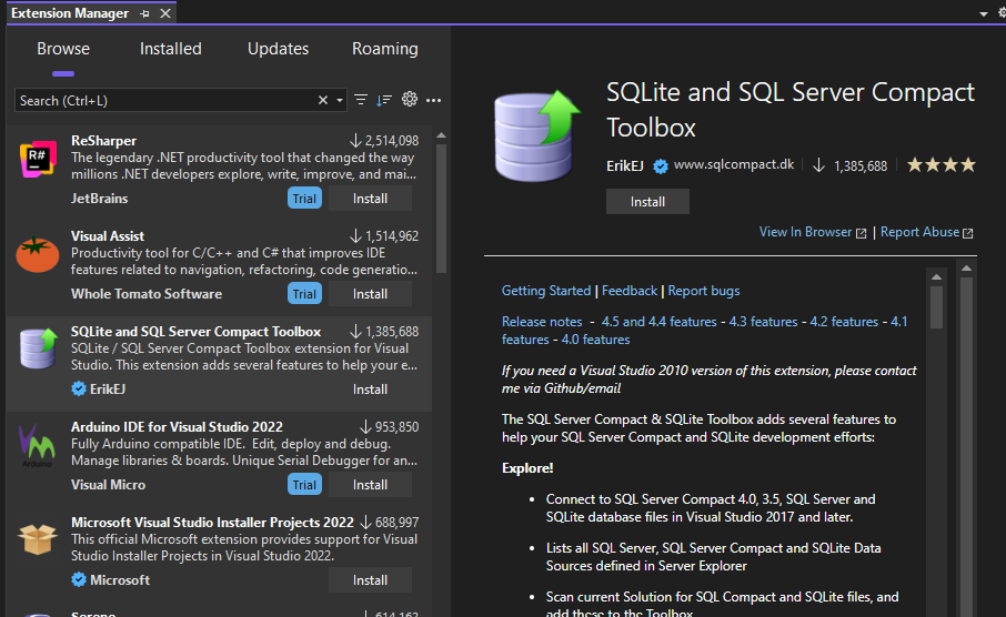 Screenshot of Extension Manager in Visual Studio.