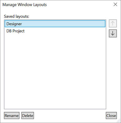 Screenshot of the Manage Window Layouts dialog.