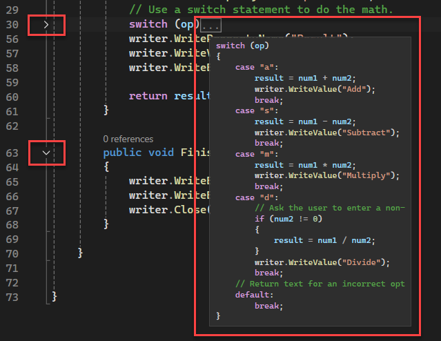 Screenshot of an example of collapsed code that shows the outlining margin and an example of the expanded code visible from a tooltip.