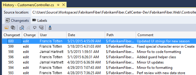 Screenshot of the history window for the Show all file changes option in CodeLens for Visual Studio 2019.