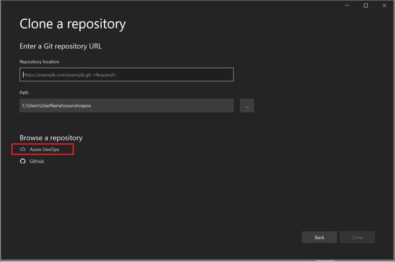 Screenshot of 'Browse a repository' in the 'Clone a repository' dialog in Visual Studio, Azure DevOps highlighted.