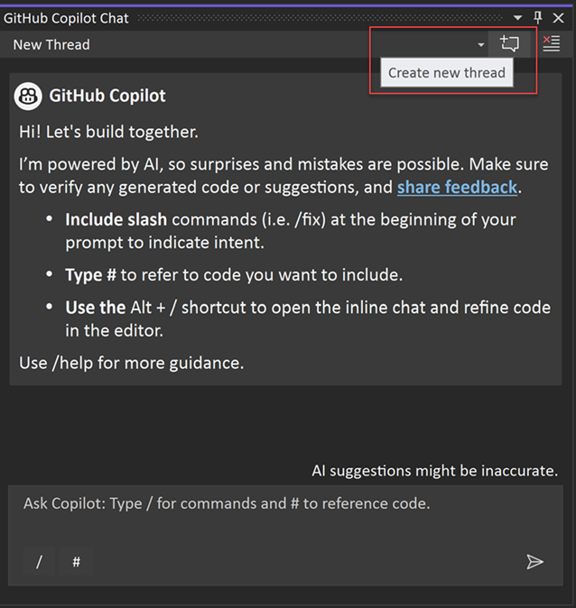 Screenshot of Create new thread icon in Copilot Chat.