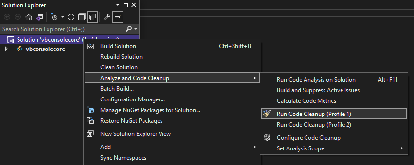 Screenshot of Run Code Cleanup across entire project or solution.