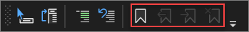 Screenshot of Bookmark commands and icons in the Text Editor toolbar in Visual Studio 2022.