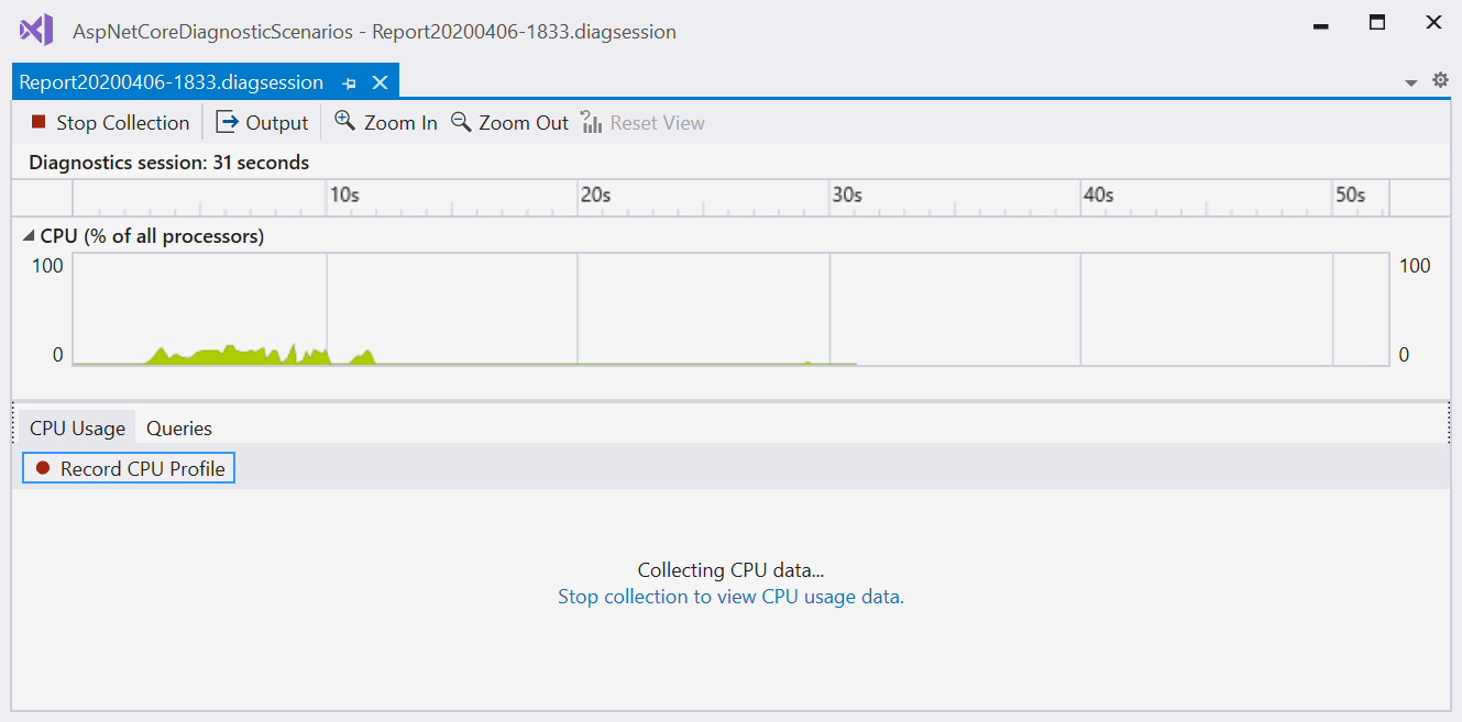 Screenshot of data collection on the Performance Profiler.