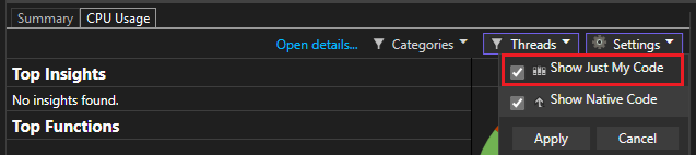 Screenshot of Show just my code option.