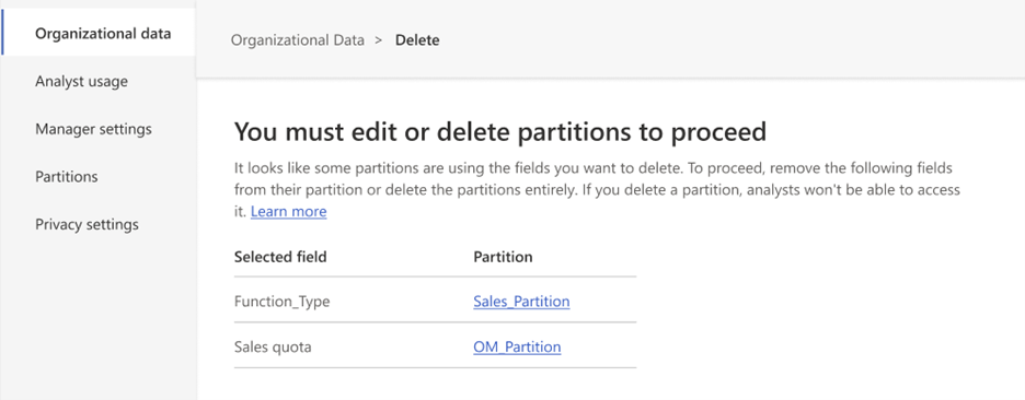 Screenshot of an error for partitions using fields you want to delete. It includes a table that shows Selected field and Partition columns.