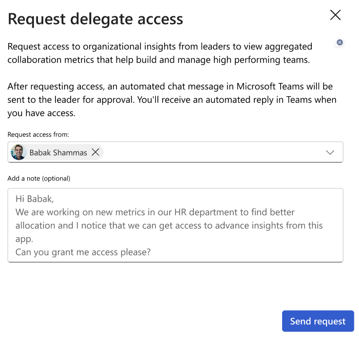 Screenshot showing how to request delegate access.