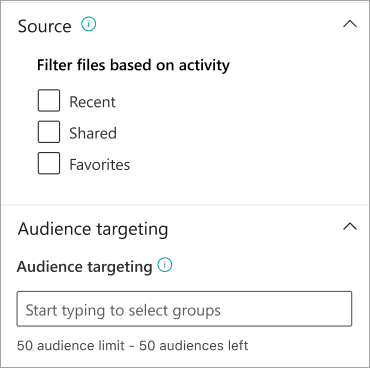 Screenshot showing file source and audience targeting options in the OneDrive card properties panel.