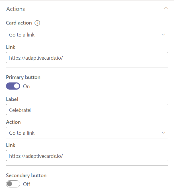 Screenshot showing options under the actions category in the properties pane.