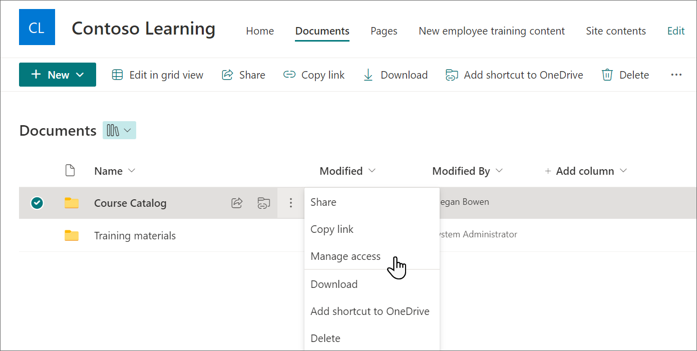 Screenshot of a folder selected in the learning content repository with the cursor hovering over Manage access.
