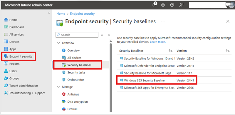 Screenshot of view security baselines