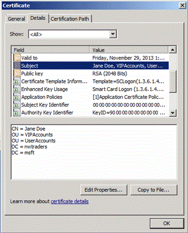 Screenshot that shows the Subject attribute in a certificate typically contains a user's common name.