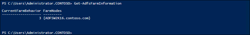 Screenshot that shows how to use the Get-AdfsFarmInformation cmdlet to show your current FBL.